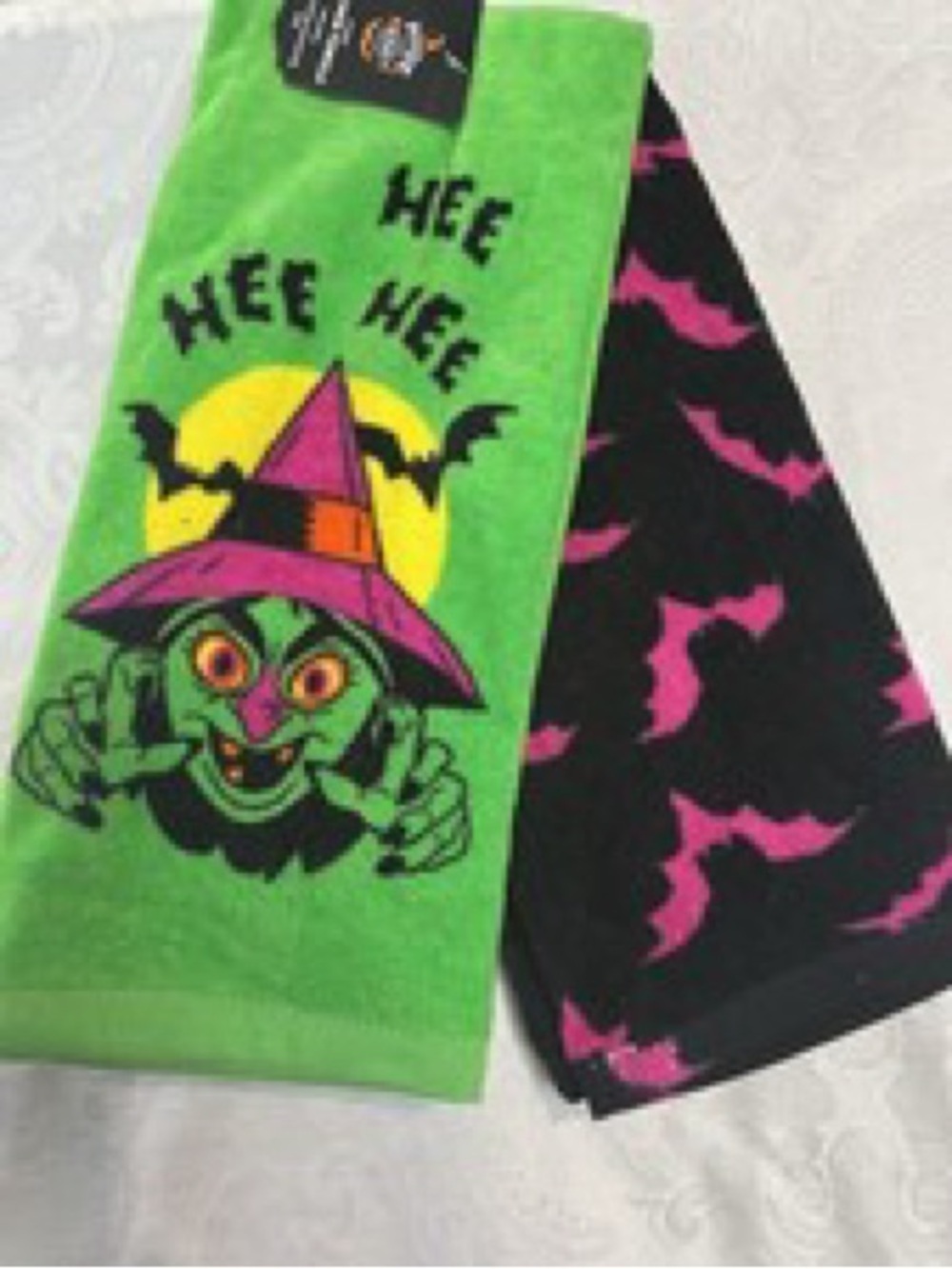Halloween Witch Cackling Halloween Kitchen Towels - Green and Black